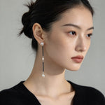 Minimalist Black Glass & Freshwater Pearl Drop Earrings - floysun