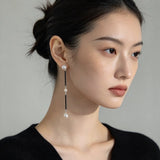 Minimalist Black Glass & Freshwater Pearl Drop Earrings - floysun