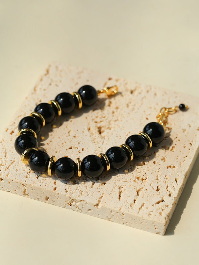 Minimalist Black Onyx & Gold Disc Bracelet - floysun
