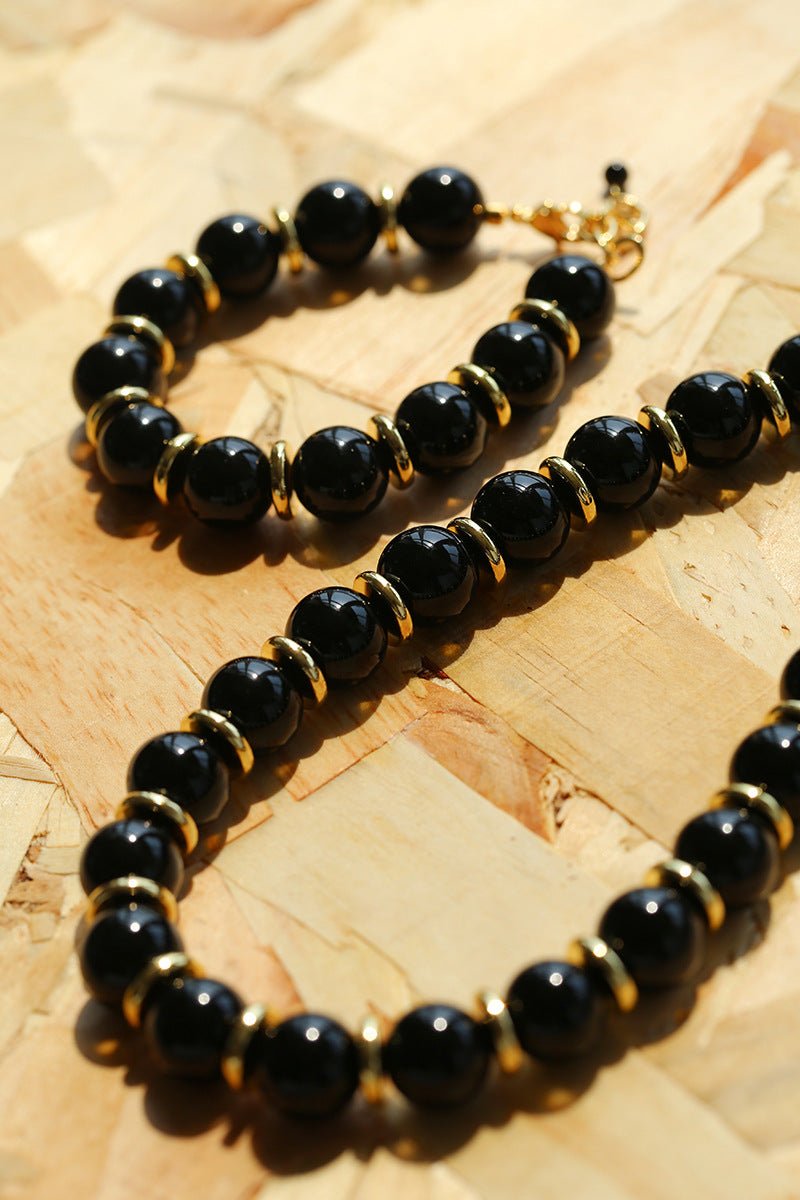 Minimalist Black Onyx & Gold Disc Bracelet - floysun