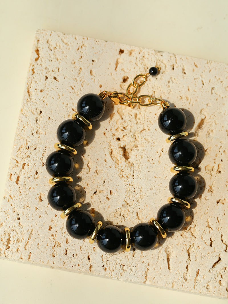Minimalist Black Onyx & Gold Disc Bracelet - floysun