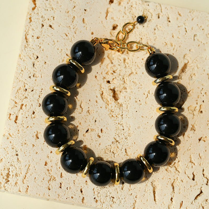 Minimalist Black Onyx & Gold Disc Bracelet - floysun