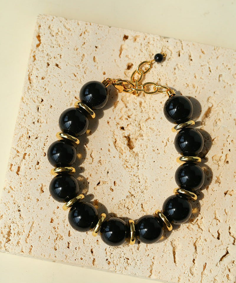 Minimalist Black Onyx & Gold Disc Bracelet - floysun