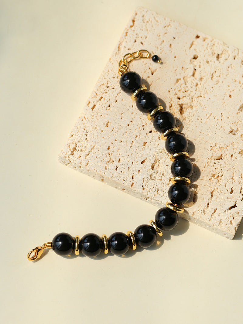 Minimalist Black Onyx & Gold Disc Bracelet - floysun