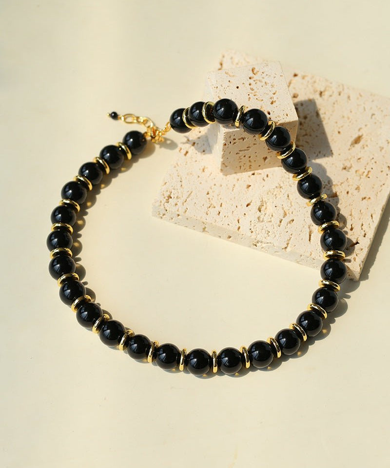 Minimalist Black Onyx & Gold Disc Necklace - floysun