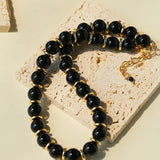 Minimalist Black Onyx & Gold Disc Necklace - floysun