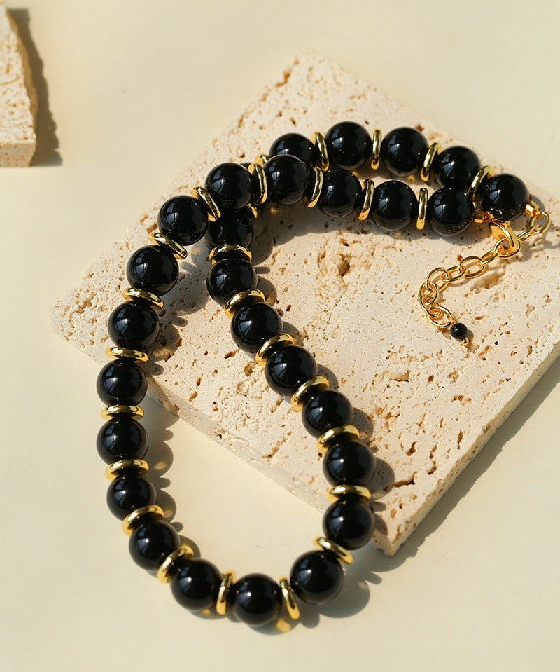 Minimalist Black Onyx & Gold Disc Necklace - floysun