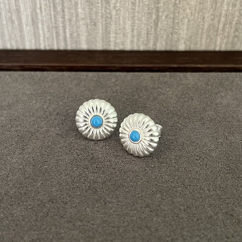 Minimalist Blue Turquoise Sterling Silver Floral Stud Earrings - floysun