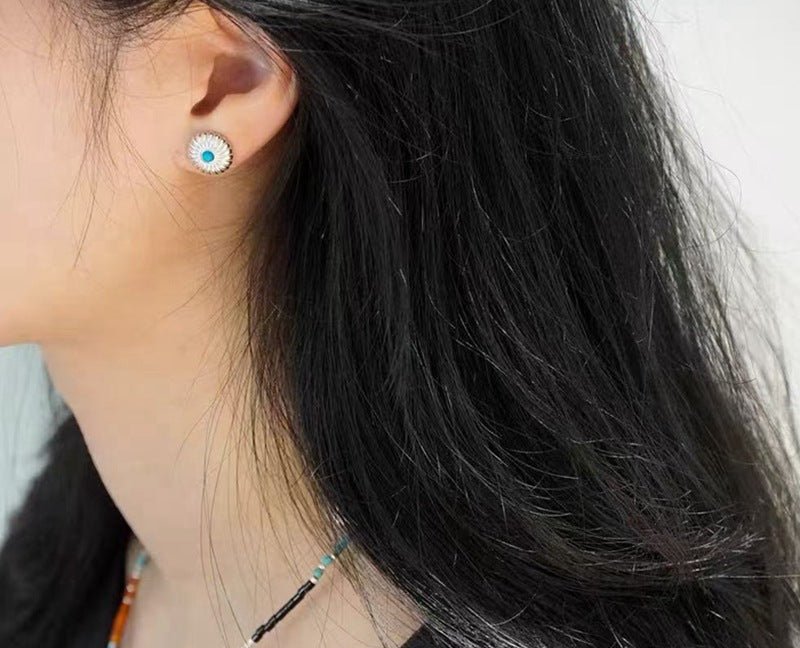 Minimalist Blue Turquoise Sterling Silver Floral Stud Earrings - floysun