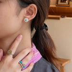 Minimalist Blue Turquoise Sterling Silver Floral Stud Earrings - floysun