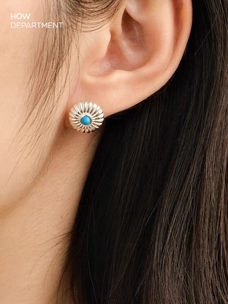 Minimalist Blue Turquoise Sterling Silver Floral Stud Earrings - floysun
