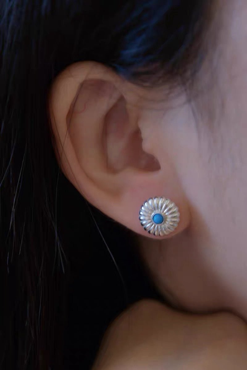 Minimalist Blue Turquoise Sterling Silver Floral Stud Earrings - floysun