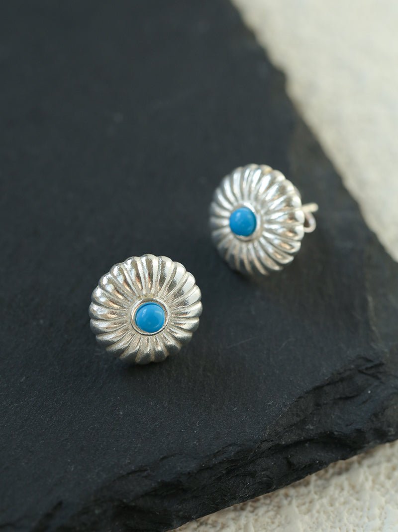 Minimalist Blue Turquoise Sterling Silver Floral Stud Earrings - floysun