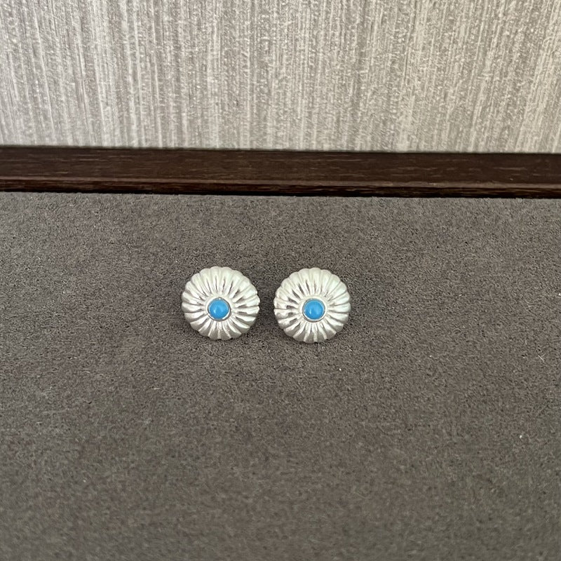 Minimalist Blue Turquoise Sterling Silver Floral Stud Earrings - floysun