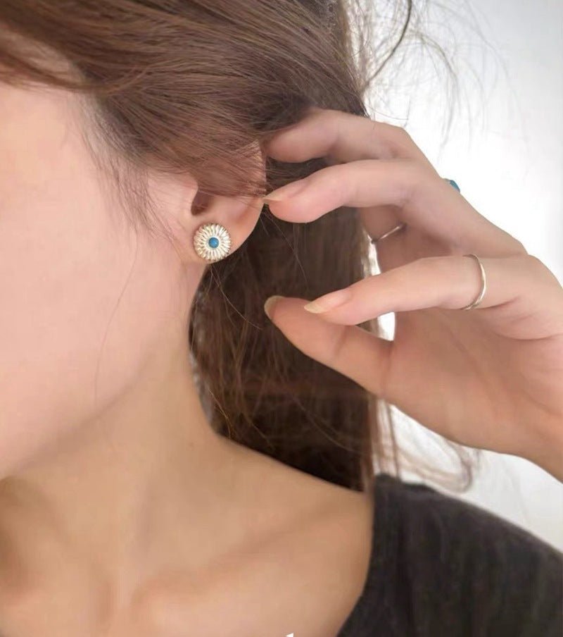 Minimalist Blue Turquoise Sterling Silver Floral Stud Earrings - floysun