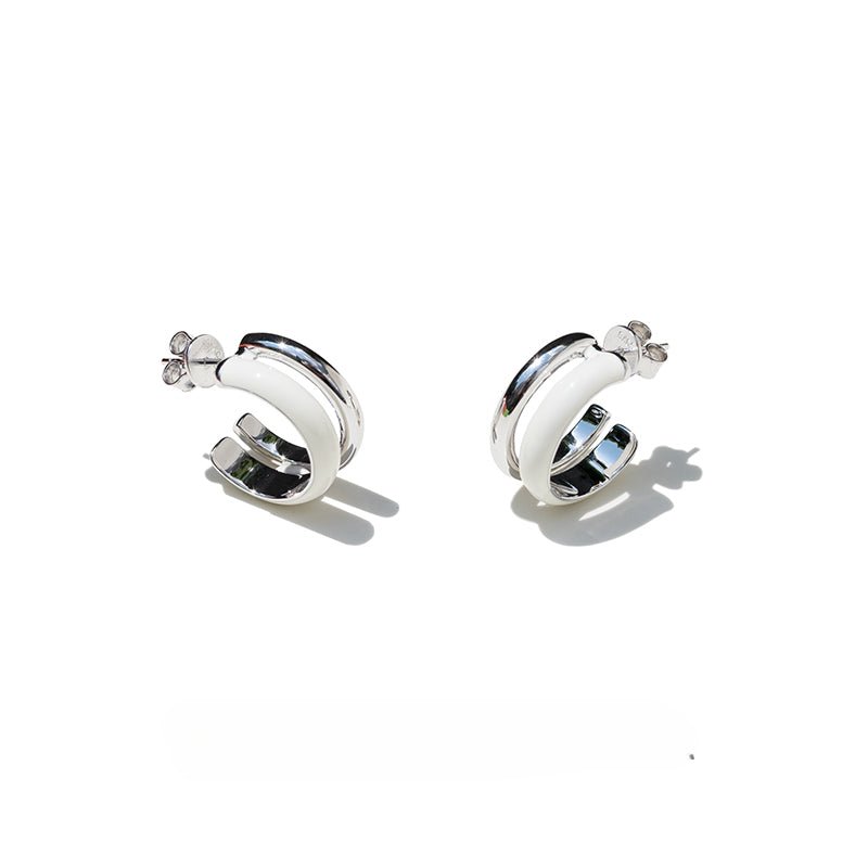 Minimalist Chocolate Double - Band Enamel Huggie Earrings – Brown & White - floysun