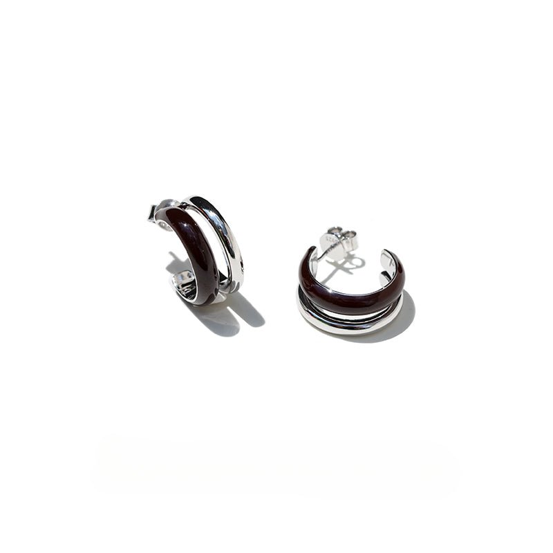 Minimalist Chocolate Double - Band Enamel Huggie Earrings – Brown & White - floysun