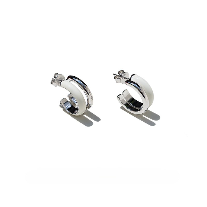 Minimalist Chocolate Double - Band Enamel Huggie Earrings – Brown & White - floysun
