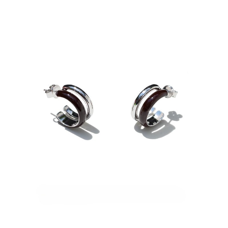 Minimalist Chocolate Double - Band Enamel Huggie Earrings – Brown & White - floysun