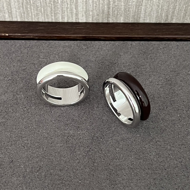 Minimalist Chocolate Enamel Double - Band Ring – Brown & White - floysun