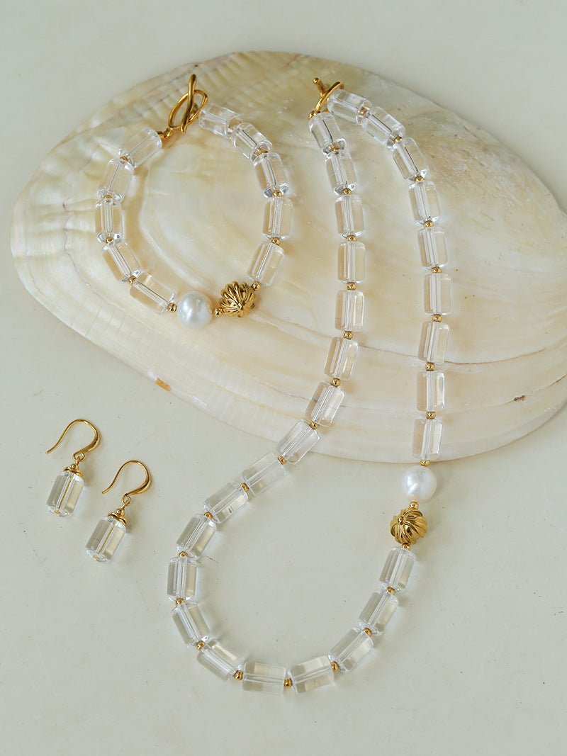 Minimalist Clear Cylinder Glass Freshwater Pearl Beaded Collarbone Necklace - floysun