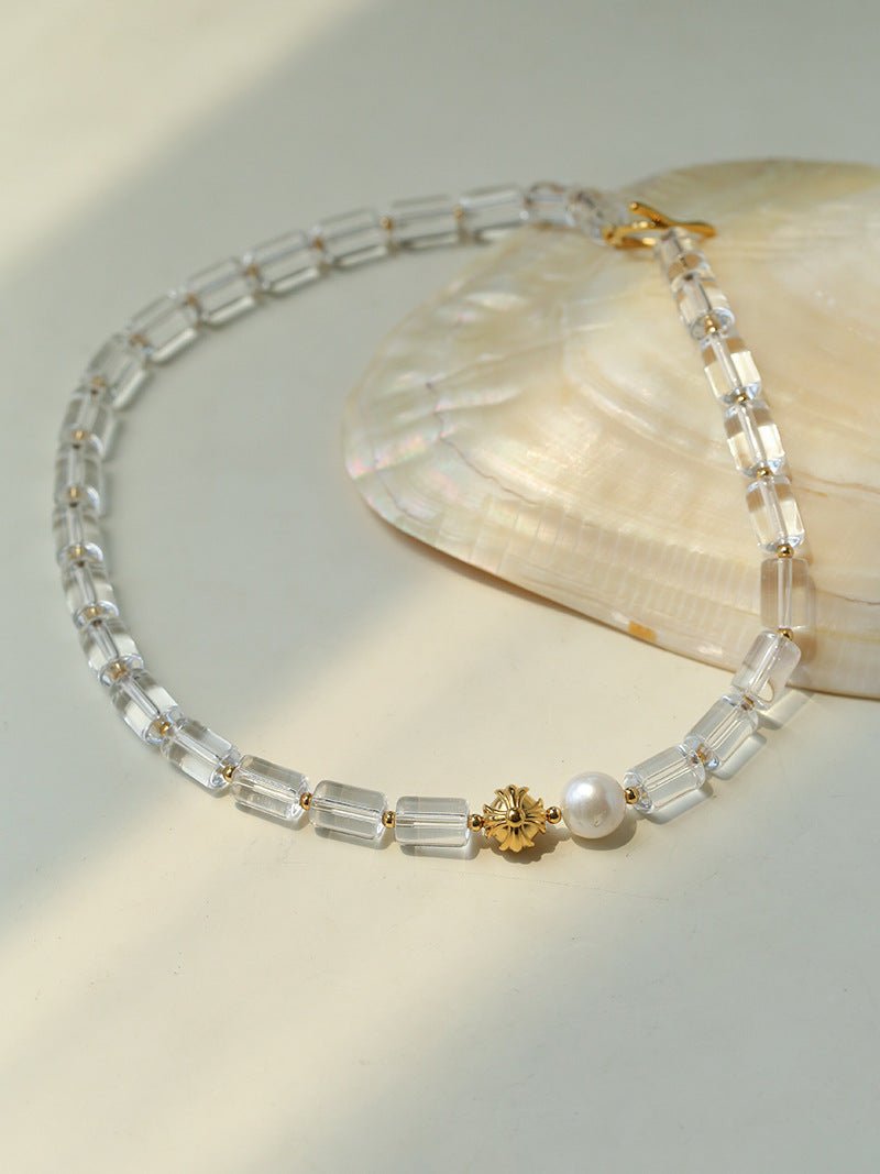 Minimalist Clear Cylinder Glass Freshwater Pearl Beaded Collarbone Necklace - floysun