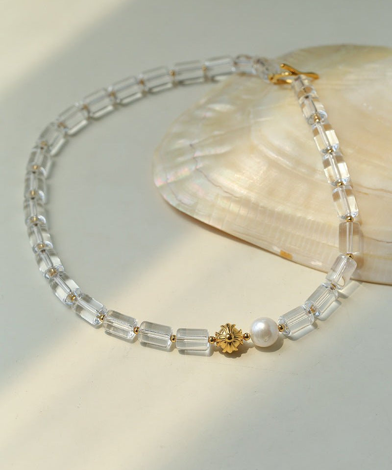 Minimalist Clear Cylinder Glass Freshwater Pearl Beaded Collarbone Necklace - floysun