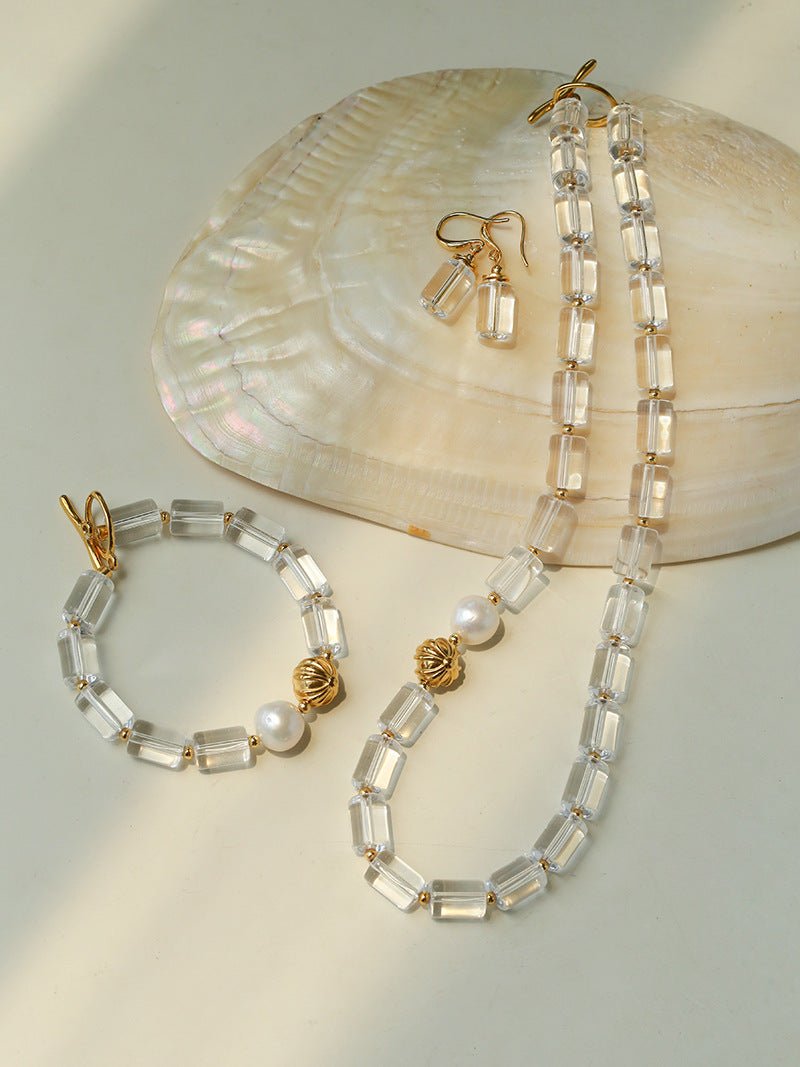 Minimalist Clear Cylinder Glass Freshwater Pearl Beaded Collarbone Necklace - floysun
