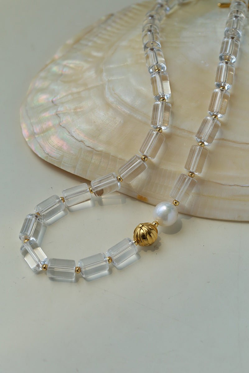 Minimalist Clear Cylinder Glass Freshwater Pearl Beaded Collarbone Necklace - floysun