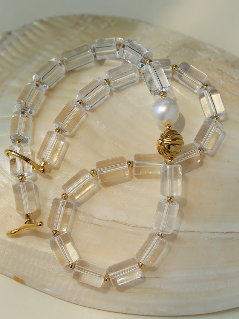 Minimalist Clear Cylinder Glass Freshwater Pearl Beaded Collarbone Necklace - floysun