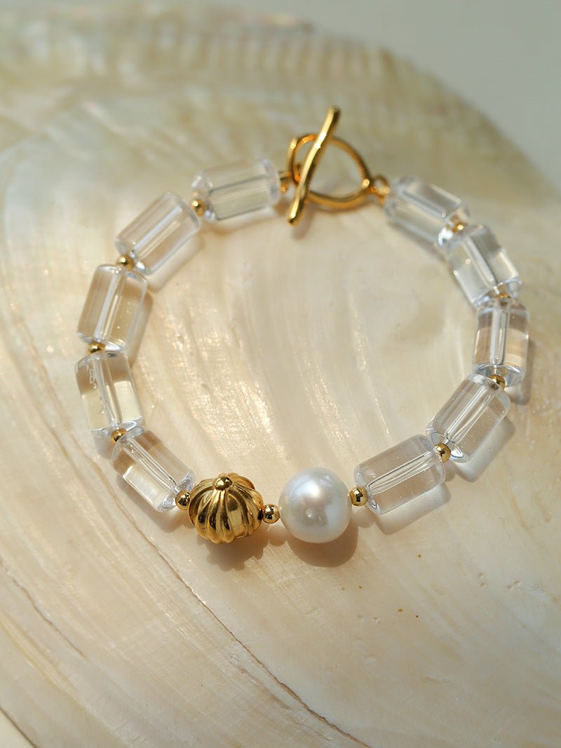 Minimalist Clear Cylinder Glass Freshwater Pearl Stack Bracelet - floysun