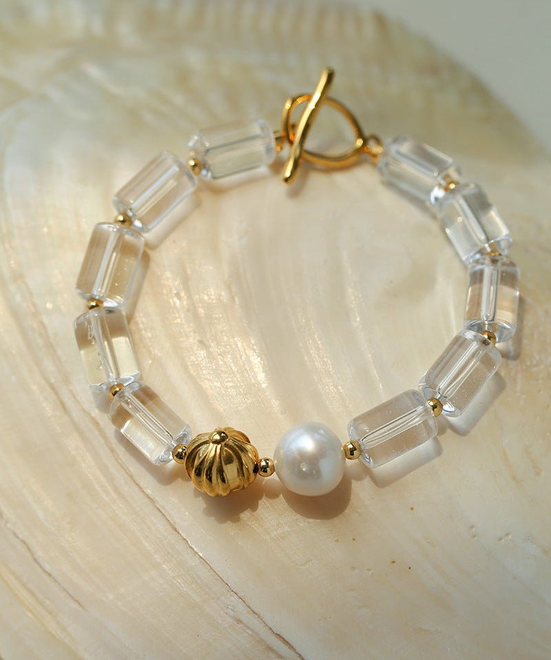 Minimalist Clear Cylinder Glass Freshwater Pearl Stack Bracelet - floysun