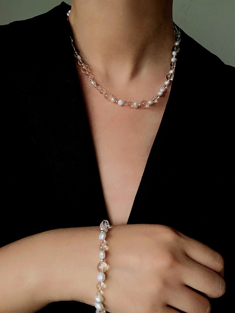Minimalist Clear Quartz & Natural Pearl Strand Bracelet - Dainty Adjustable Beaded Chain for Stacking - floysun