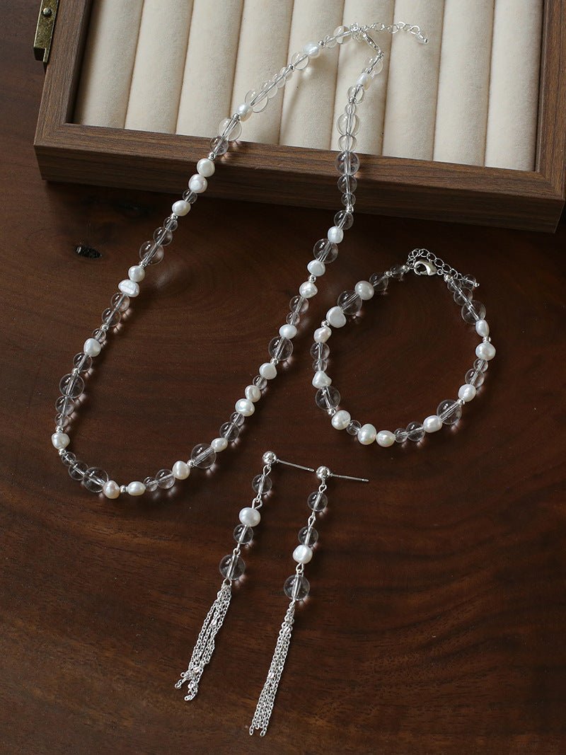 Minimalist Clear Quartz & Natural Pearl Strand Bracelet - Dainty Adjustable Beaded Chain for Stacking - floysun