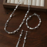 Minimalist Clear Quartz & Natural Pearl Strand Bracelet - Dainty Adjustable Beaded Chain for Stacking - floysun