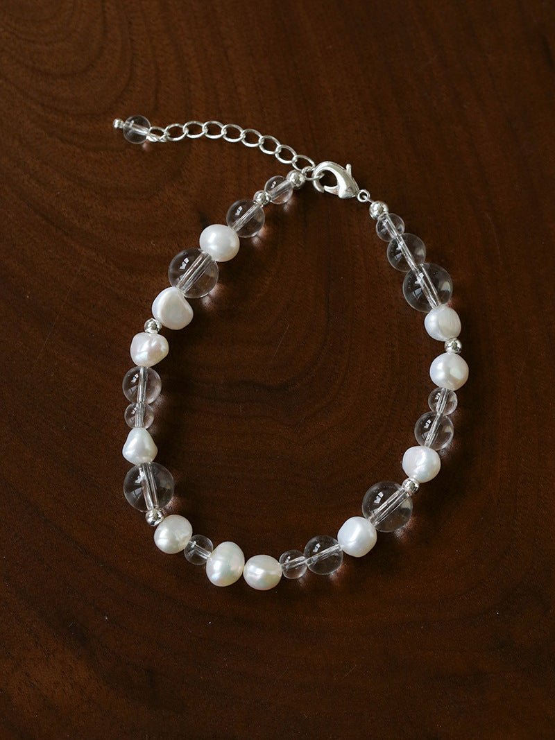 Minimalist Clear Quartz & Natural Pearl Strand Bracelet - Dainty Adjustable Beaded Chain for Stacking - floysun