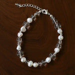 Minimalist Clear Quartz & Natural Pearl Strand Bracelet - Dainty Adjustable Beaded Chain for Stacking - floysun