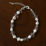 Minimalist Clear Quartz & Natural Pearl Strand Bracelet - Dainty Adjustable Beaded Chain for Stacking - floysun