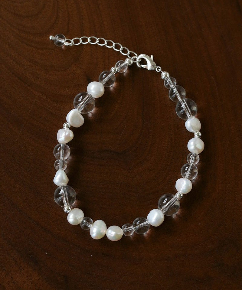 Minimalist Clear Quartz & Natural Pearl Strand Bracelet - Dainty Adjustable Beaded Chain for Stacking - floysun