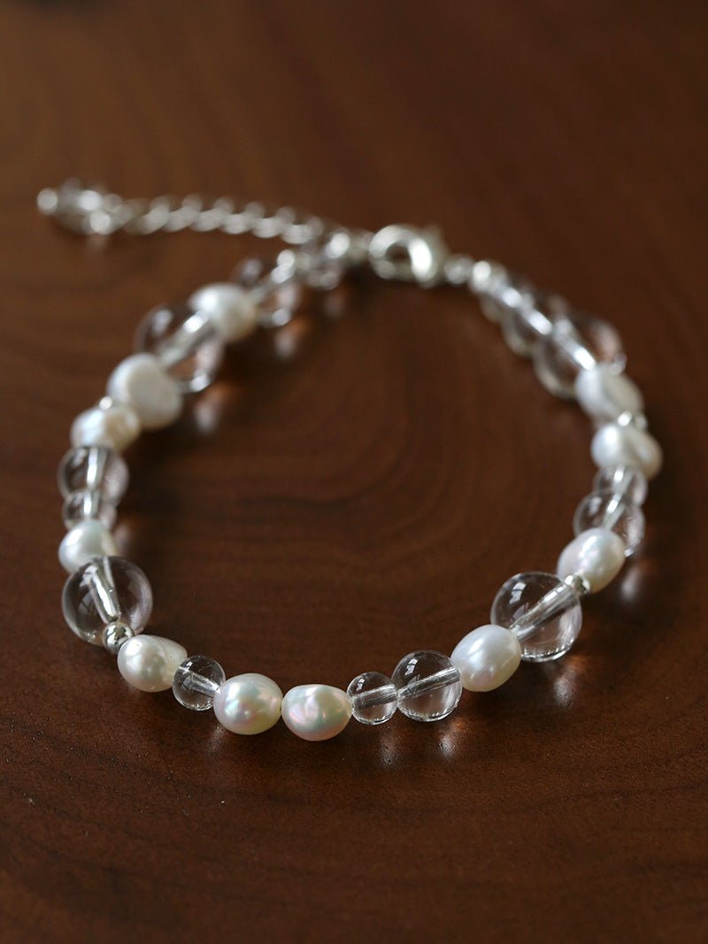 Minimalist Clear Quartz & Natural Pearl Strand Bracelet - Dainty Adjustable Beaded Chain for Stacking - floysun