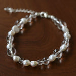 Minimalist Clear Quartz & Natural Pearl Strand Bracelet - Dainty Adjustable Beaded Chain for Stacking - floysun