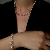 Minimalist Clear Quartz & Natural Pearl Strand Bracelet - Dainty Adjustable Beaded Chain for Stacking - floysun