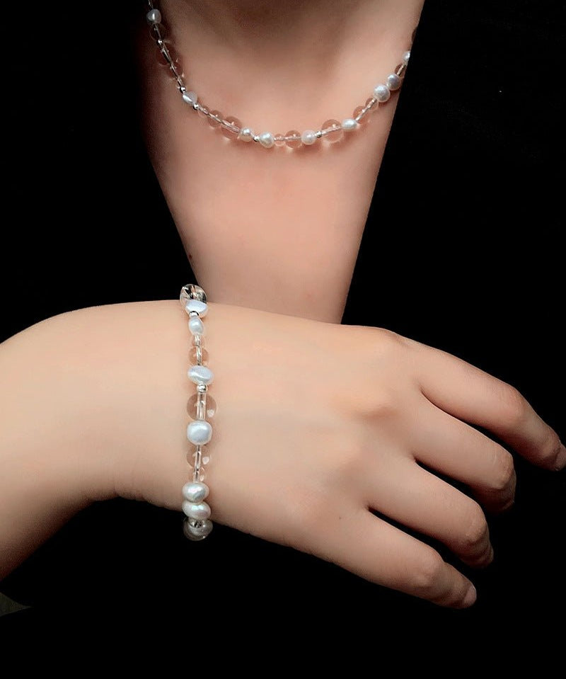 Minimalist Clear Quartz & Natural Pearl Strand Bracelet - Dainty Adjustable Beaded Chain for Stacking - floysun