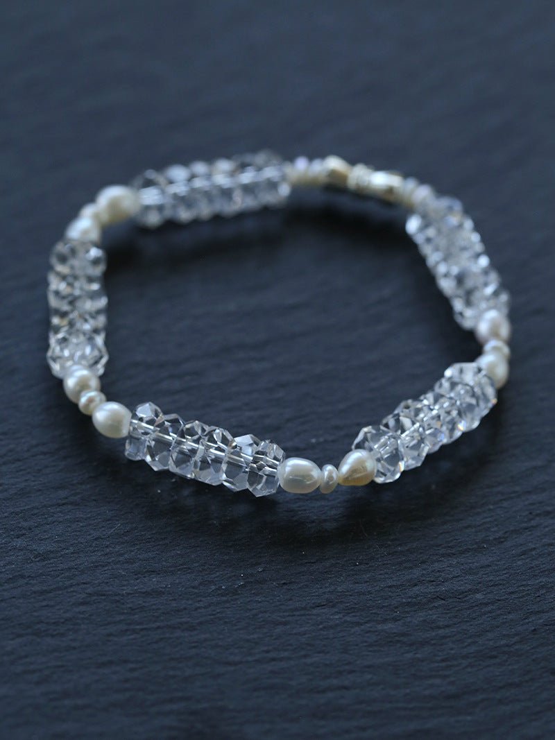Minimalist Faceted Clear Quartz & Freshwater Pearl Beaded Bracelet - floysun