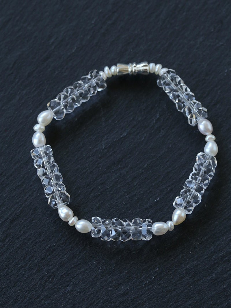 Minimalist Faceted Clear Quartz & Freshwater Pearl Beaded Bracelet - floysun
