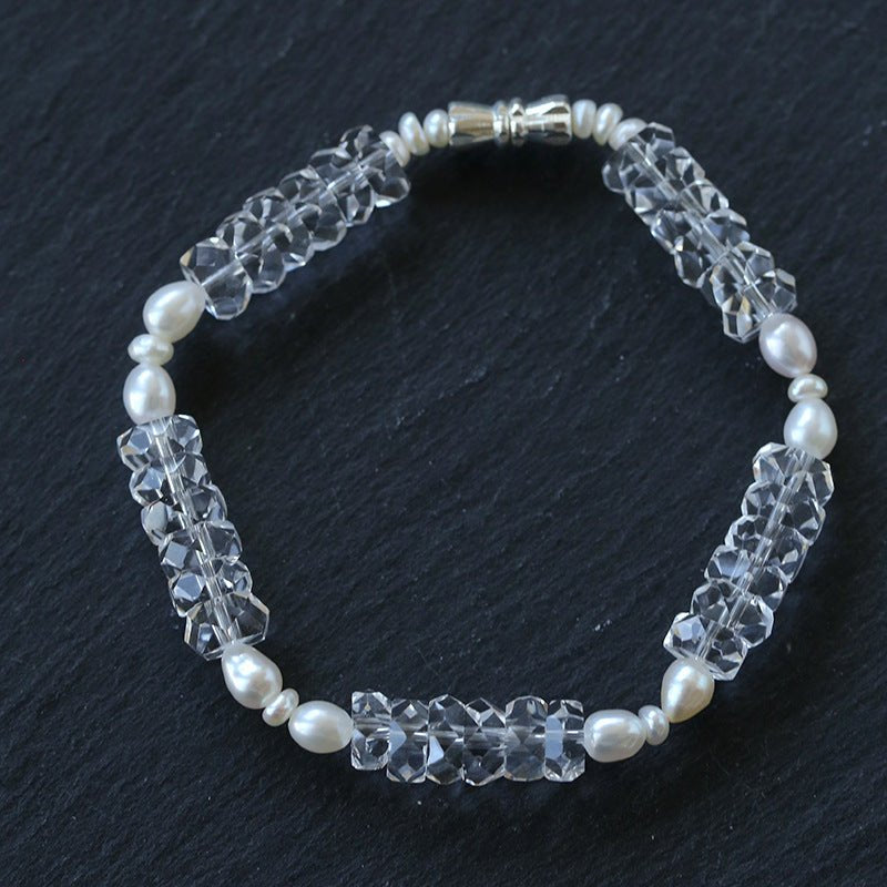Minimalist Faceted Clear Quartz & Freshwater Pearl Beaded Bracelet - floysun