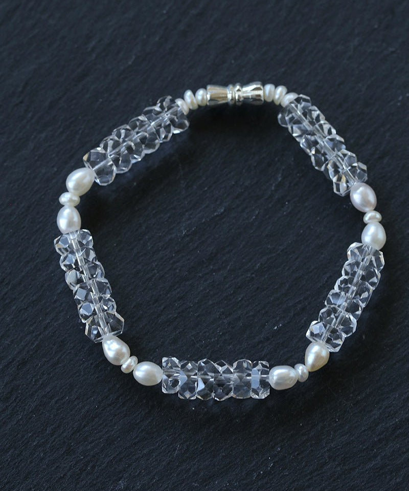 Minimalist Faceted Clear Quartz & Freshwater Pearl Beaded Bracelet - floysun