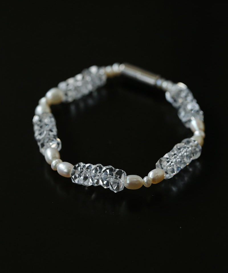 Minimalist Faceted Clear Quartz & Freshwater Pearl Beaded Bracelet - floysun