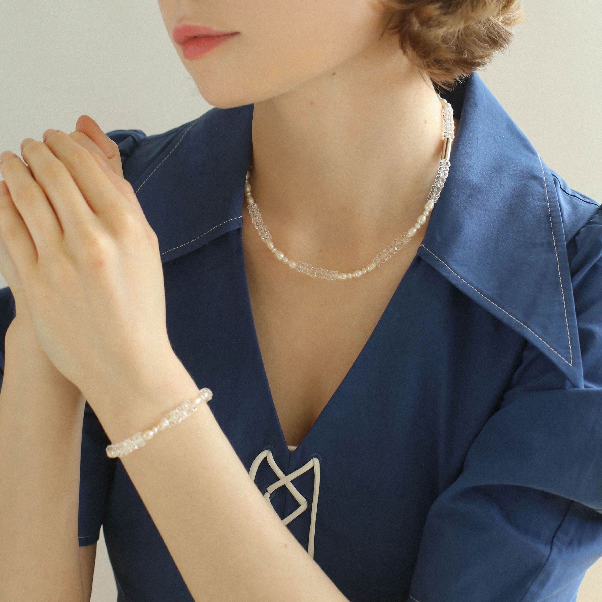 Minimalist Faceted Clear Quartz & Freshwater Pearl Beaded Necklace - floysun