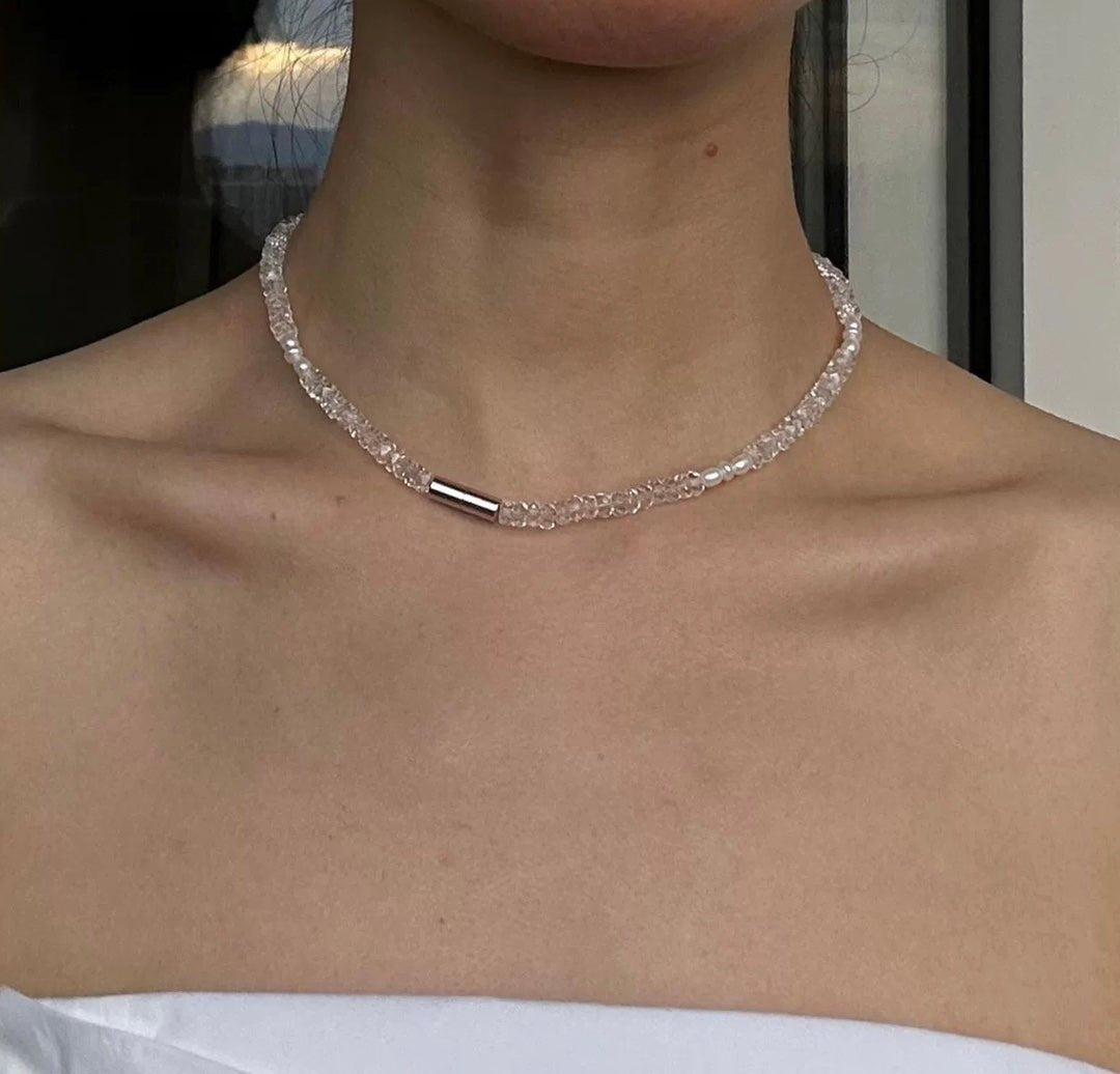 Minimalist Faceted Clear Quartz & Freshwater Pearl Beaded Necklace - floysun